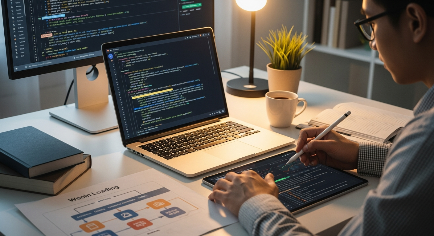 Một lập trình viên đang làm việc trên mã nguồn WordPress, minh họa việc tối ưu hóa CSS và JavaScript để giảm tải và tăng tốc website.