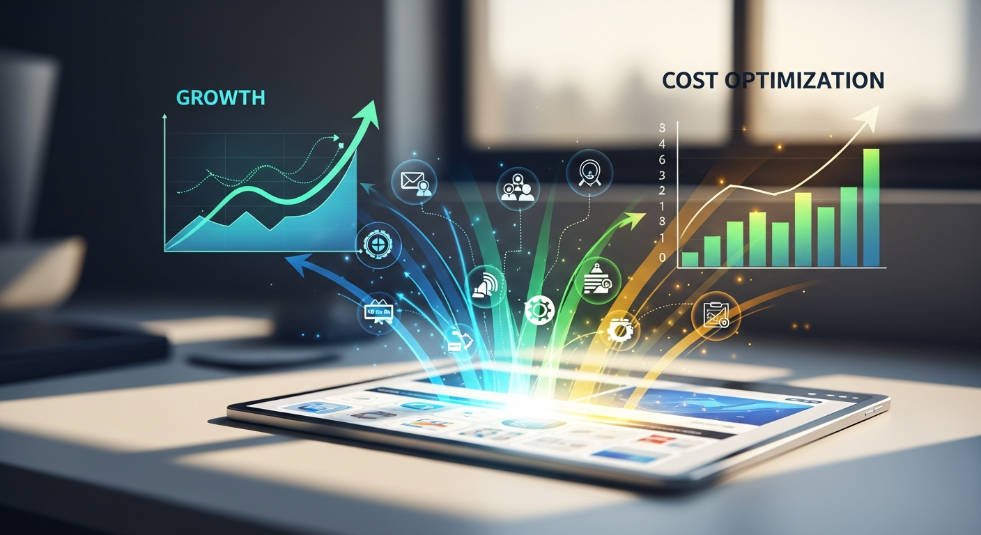 Biểu đồ tăng trưởng và tối ưu chi phí nhờ website tự động hóa quy trình, minh họa việc website giúp streamline các hoạt động kinh doanh.