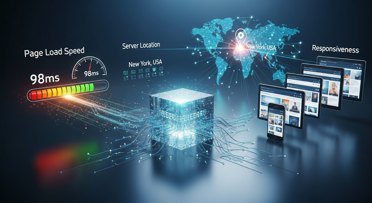 Hình ảnh minh họa các yếu tố liên quan đến hosting ảnh hưởng đến hiệu suất SEO, bao gồm tốc độ tải trang, vị trí máy chủ và khả năng đáp ứng.