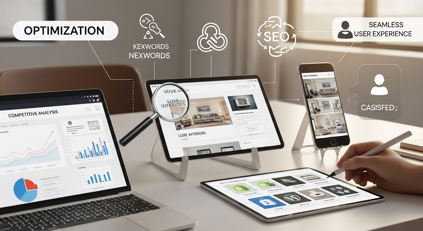 Hình ảnh minh họa quy trình tối ưu hóa website nội thất, từ phân tích đối thủ, lựa chọn nền tảng, thiết kế giao diện đến triển khai SEO và marketing, tạo ra một trải nghiệm người dùng hoàn hảo.