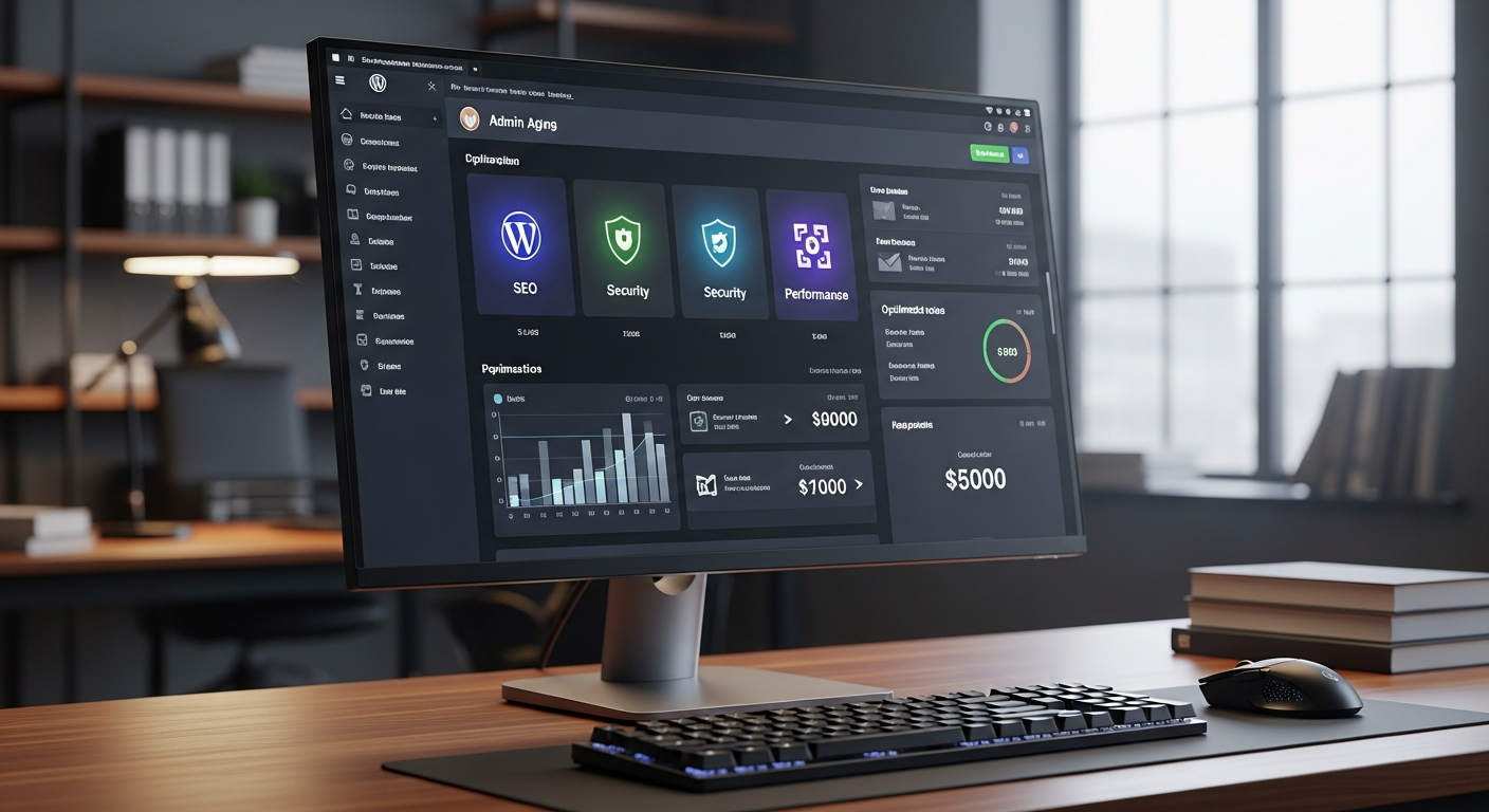 Bảng điều khiển quản trị WordPress với các biểu tượng plugin SEO, bảo mật và tối ưu hiệu suất, thể hiện một cách trực quan quy trình quản lý và nâng cao chất lượng website.