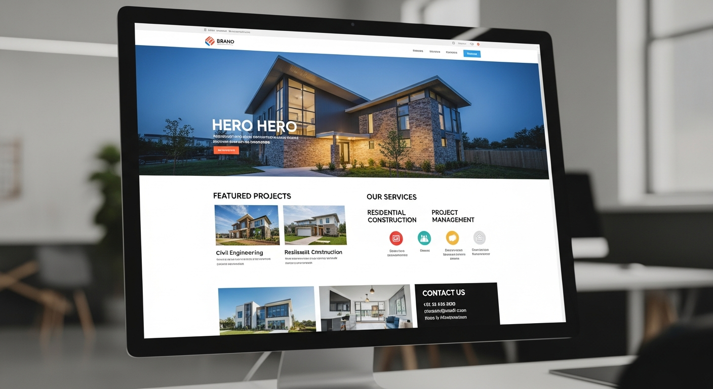 Minh họa một website công ty xây dựng được thiết kế chuyên nghiệp, có phần giới thiệu dự án nổi bật, các dịch vụ chính và thông tin liên hệ rõ ràng, trên màn hình máy tính để bàn.