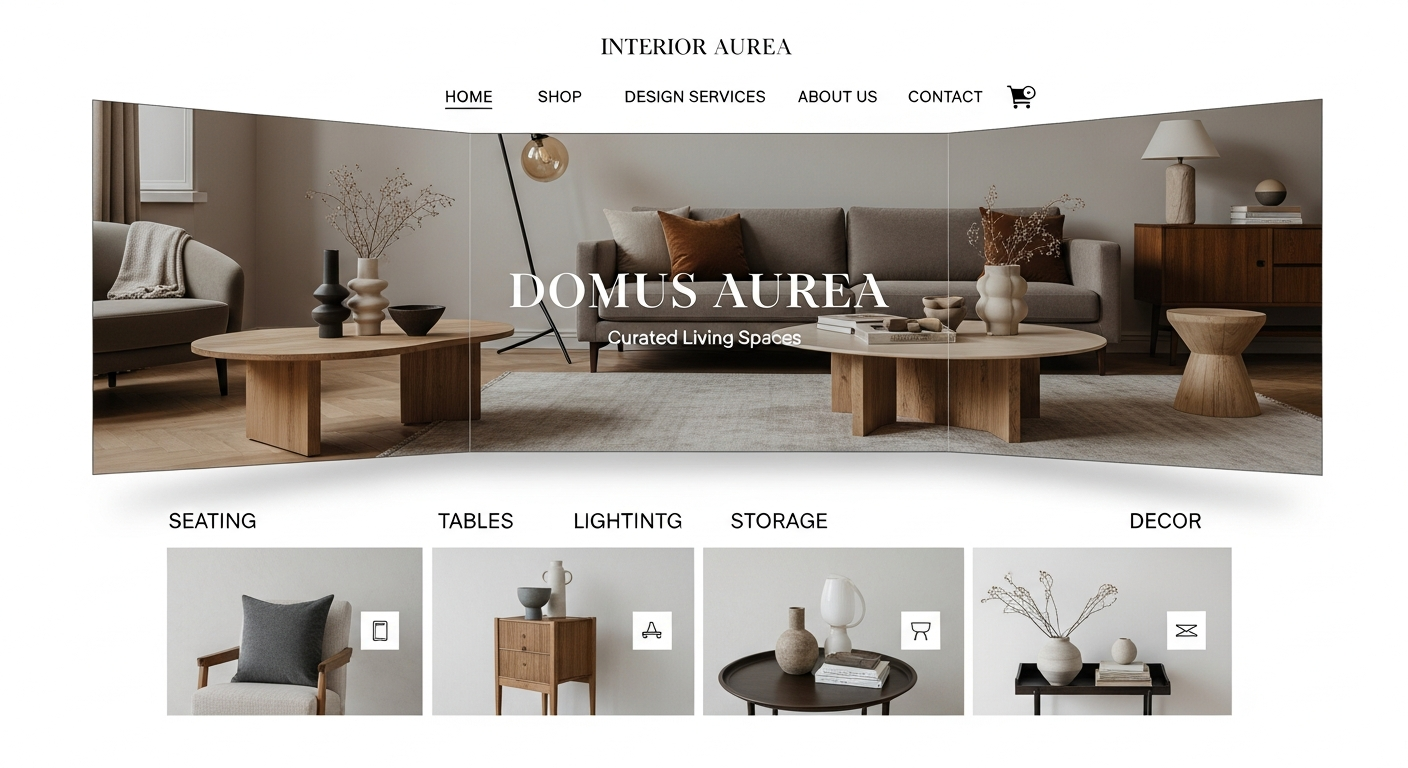Minh họa một mẫu website nội thất đẹp với giao diện hiện đại, hình ảnh sản phẩm chất lượng cao và bố cục khoa học, dễ dàng điều hướng.