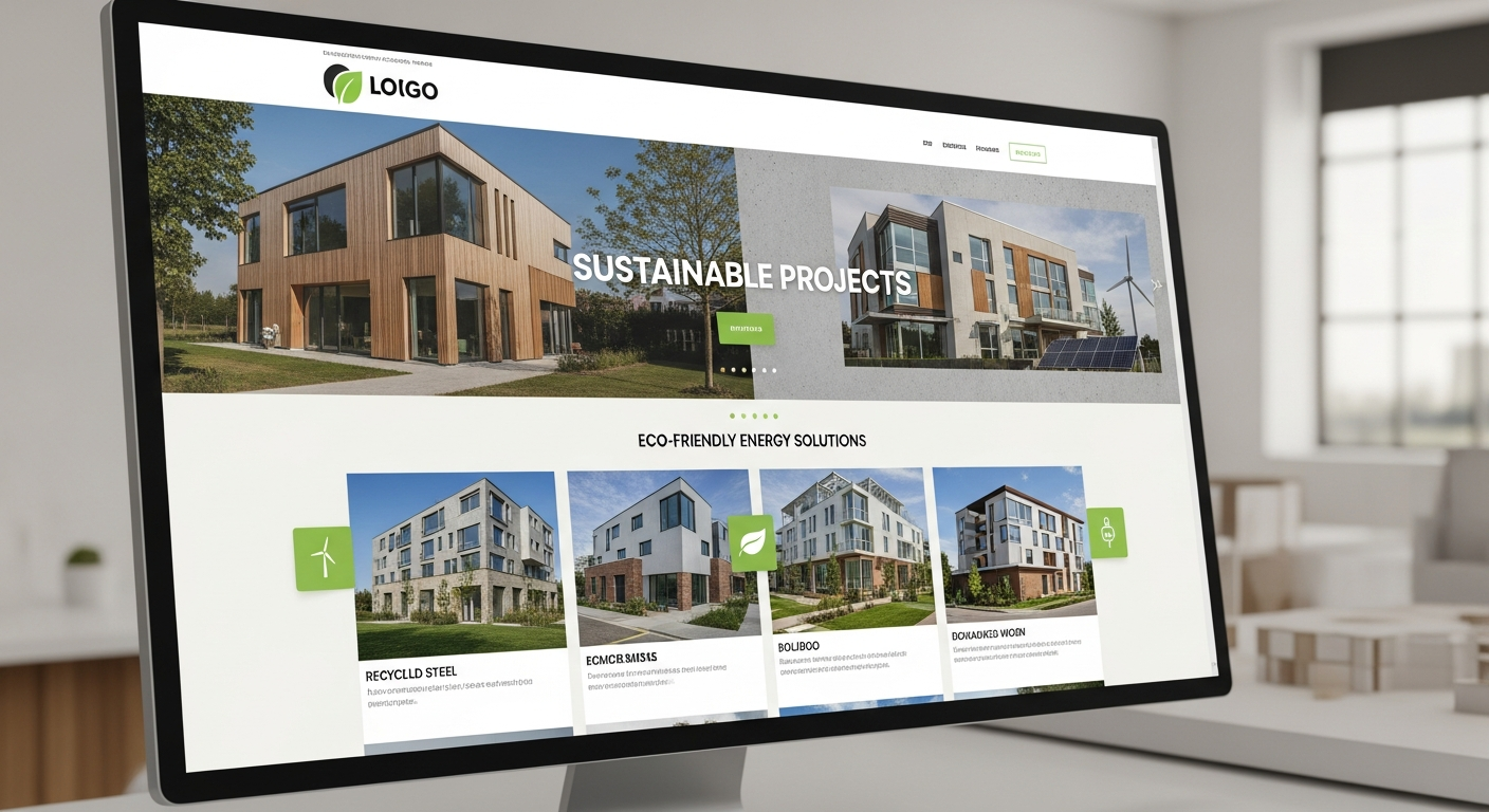 Giao diện website công ty xây dựng làm nổi bật các dự án kiến trúc xanh, sử dụng vật liệu thân thiện môi trường, biểu tượng lá cây và năng lượng tái tạo, thể hiện cam kết bền vững.