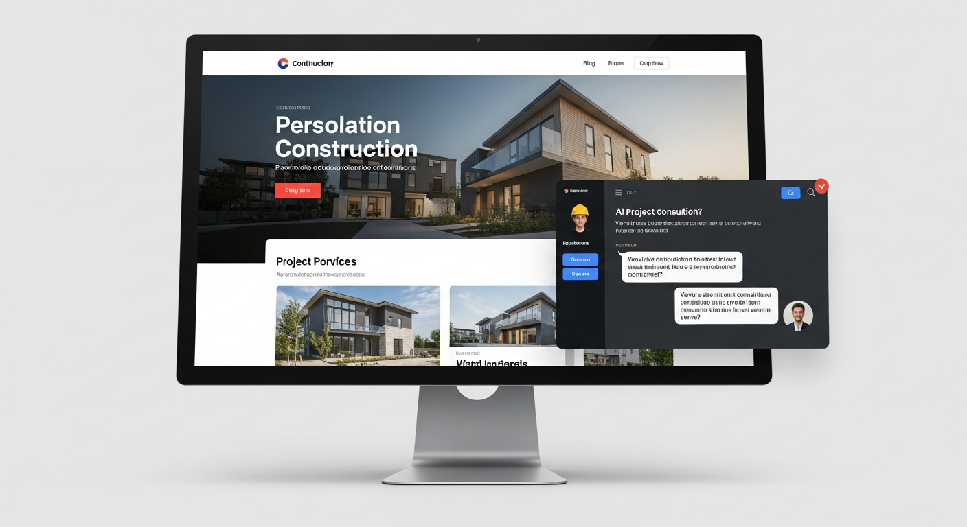Giao diện website công ty xây dựng hiển thị nội dung được cá nhân hóa dựa trên hành vi người dùng, tích hợp chatbot AI thông minh tư vấn dự án.