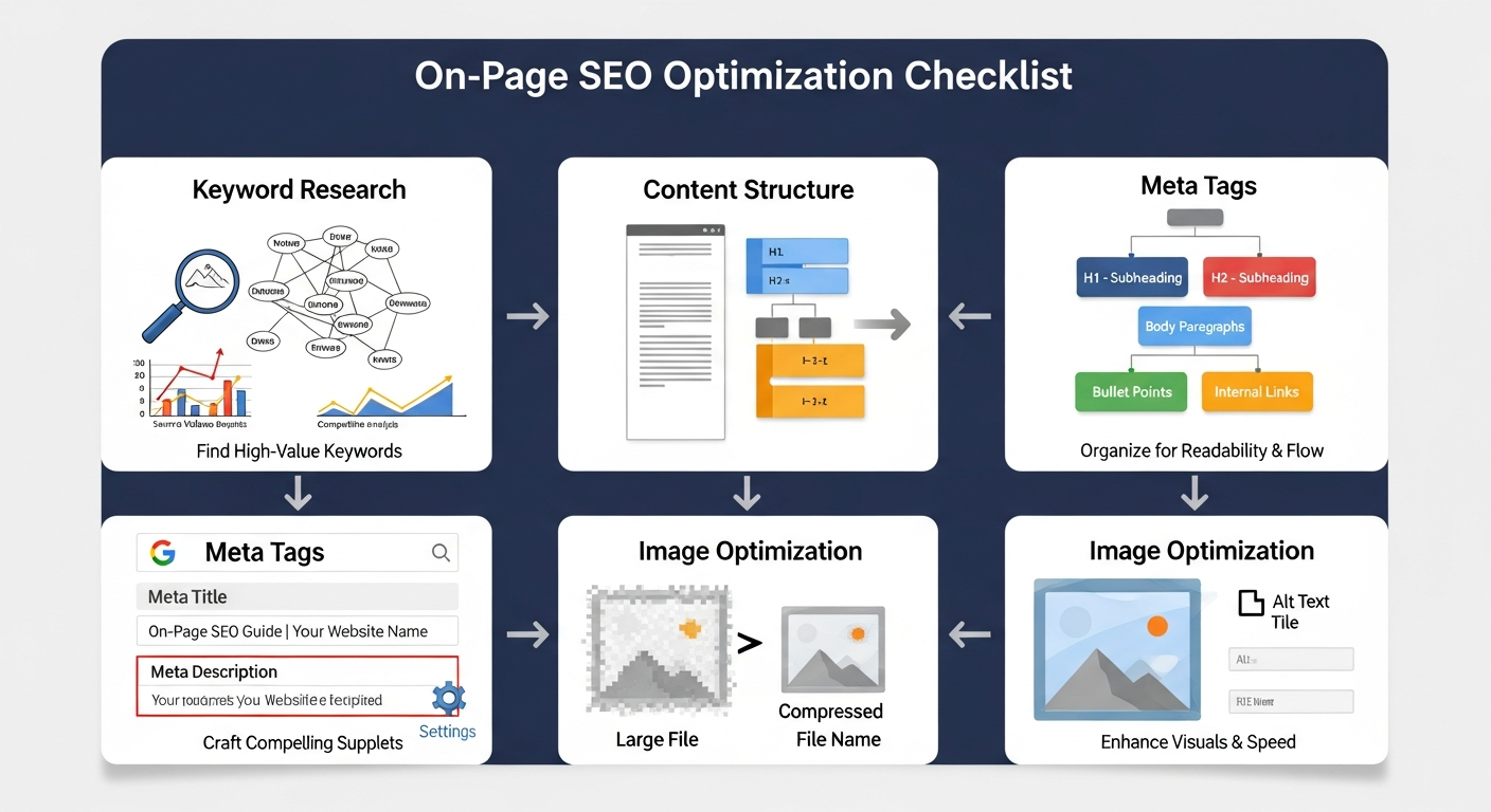 Mô tả các yếu tố cốt lõi để tối ưu SEO Onpage, bao gồm nghiên cứu từ khóa, cấu trúc nội dung, meta tags và tối ưu hình ảnh, được biểu diễn bằng biểu đồ hoặc infographic.
