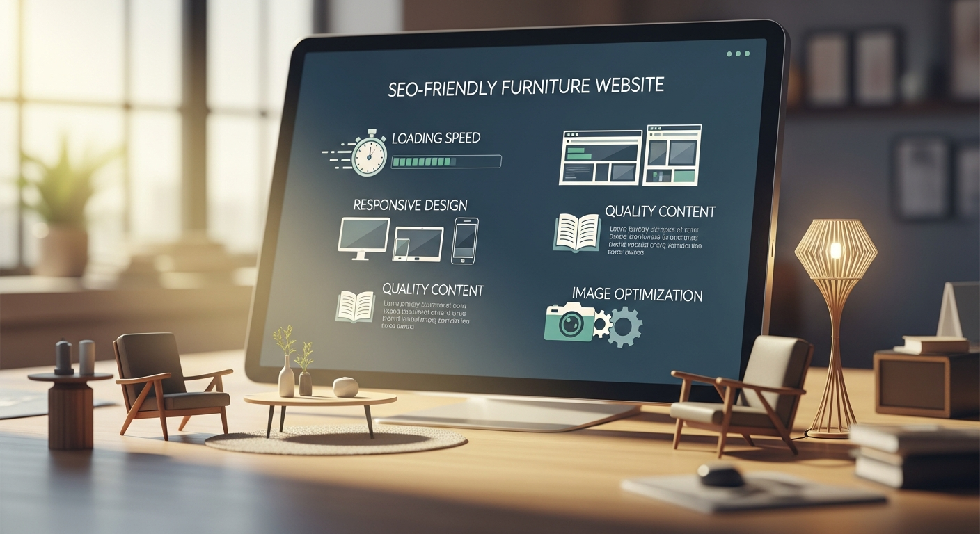 Biểu đồ minh họa các yếu tố quan trọng của một website nội thất chuẩn SEO, bao gồm tốc độ tải, responsive design, nội dung chất lượng và tối ưu hình ảnh.