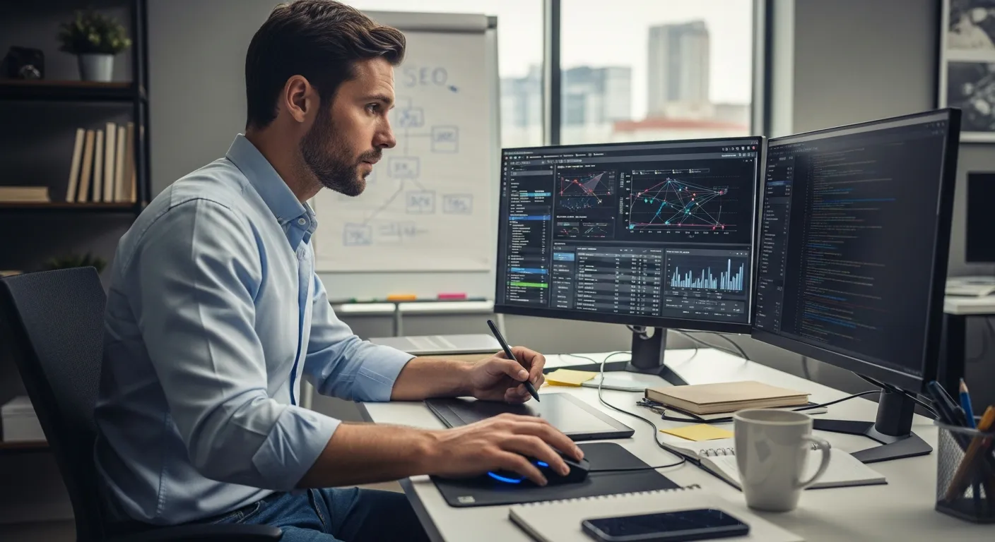 chuyên gia SEO đang thực hiện kiểm toán và phân tích các cách tối ưu internal link bằng công cụ chuyên dụng