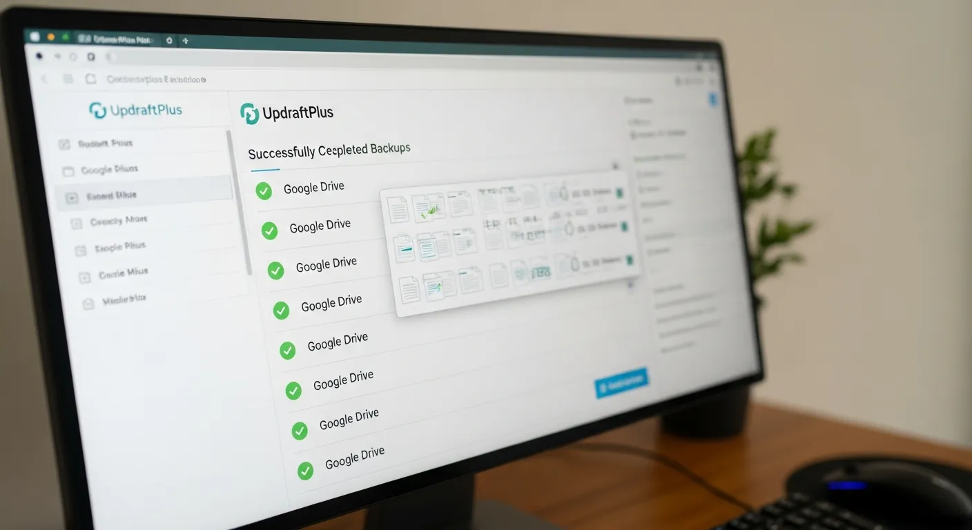 Giao diện của plugin UpdraftPlus hiển thị các bản sao lưu đã được tạo thành công và lưu trữ trên Google Drive, đảm bảo an toàn dữ liệu cho cửa hàng.