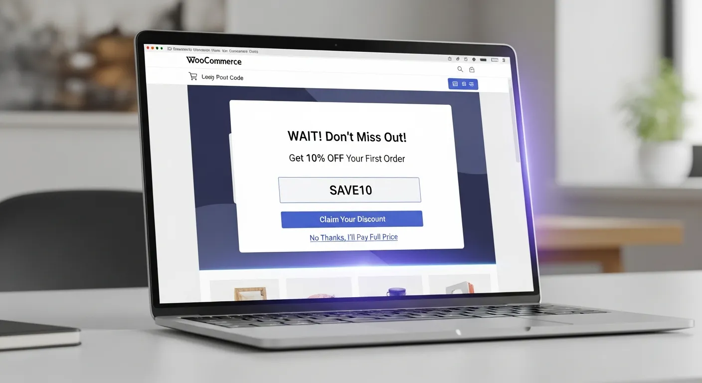 Một popup exit-intent hiển thị trên màn hình, cung cấp mã giảm giá 10% cho khách truy cập đang định rời khỏi trang web WooCommerce để giữ chân họ.