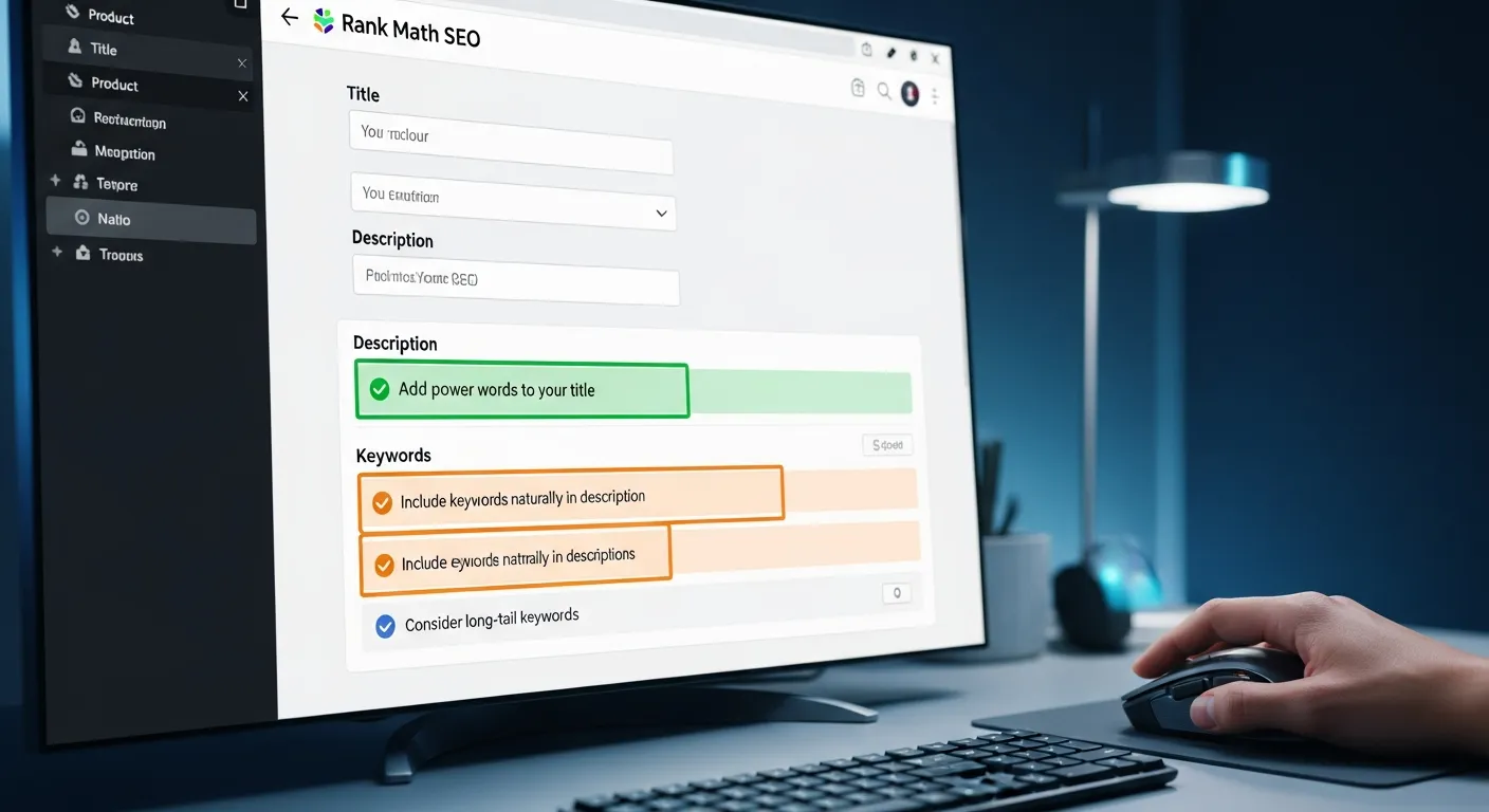 Giao diện chỉnh sửa sản phẩm WooCommerce với công cụ phân tích của Rank Math hoặc Yoast SEO, hiển thị các gợi ý để tối ưu tiêu đề, mô tả và từ khóa sản phẩm.