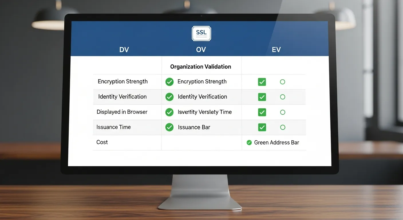 So sánh chi tiết ba loại chứng chỉ SSL phổ biến là DV, OV và EV cho website