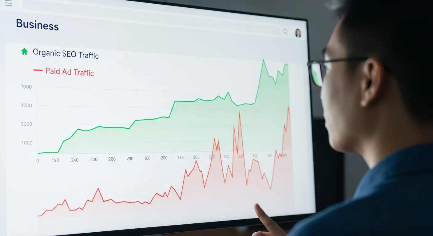 biểu đồ thể hiện sự tăng trưởng bền vững của traffic SEO so với sự biến động của quảng cáo