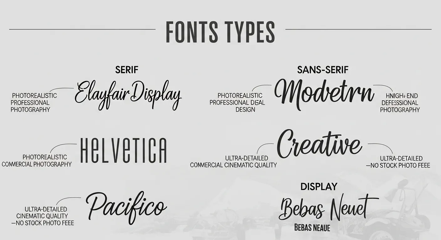 Phân loại bốn nhóm font chữ chính là Serif, Sans-serif, Script và Display với ví dụ minh họa trực quan