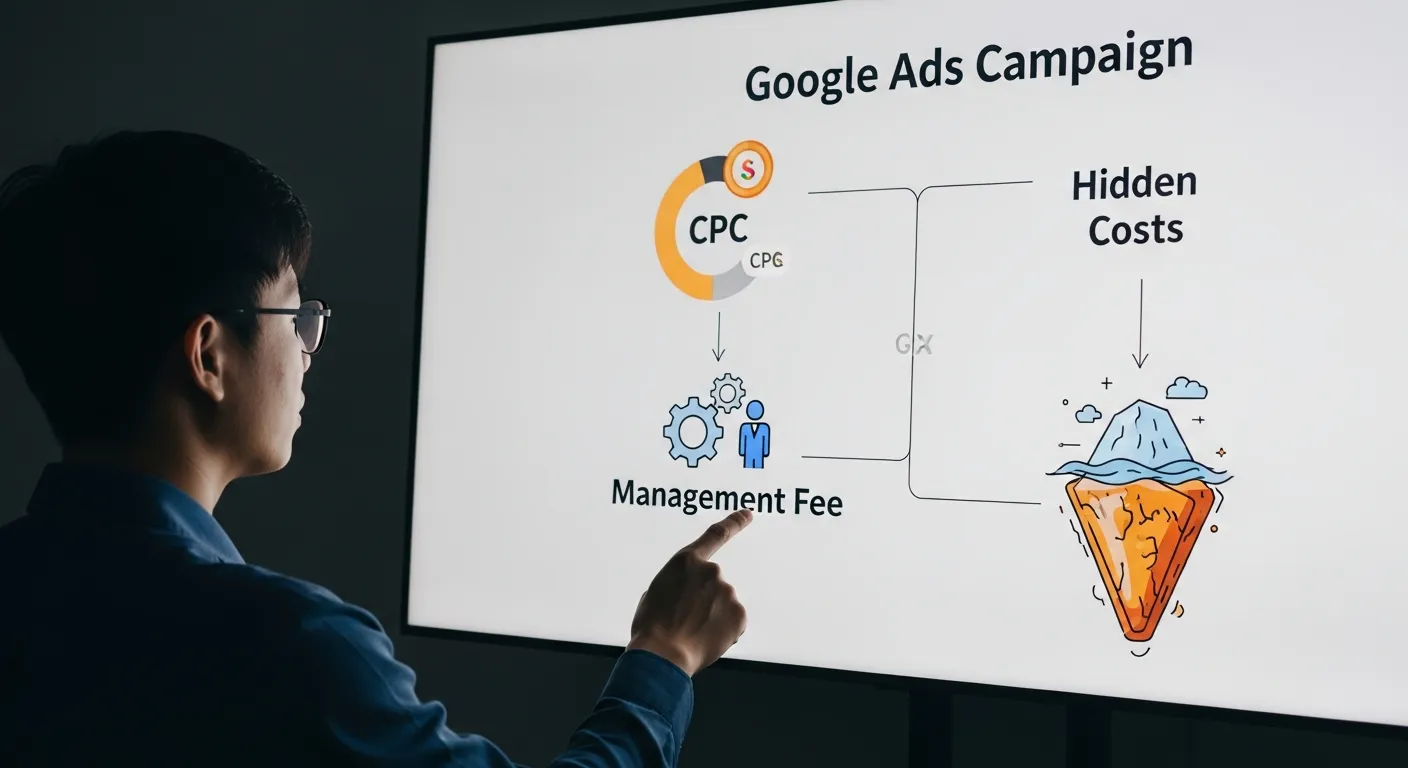 biểu đồ phân tích các yếu tố cấu thành chi phí chạy quảng cáo Google Ads bao gồm ngân sách và phí quản lý