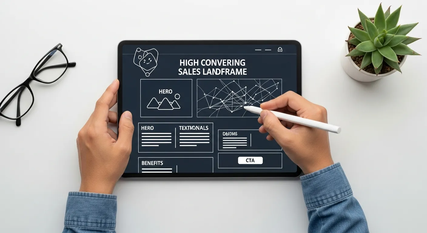 Wireframe cấu trúc 9 phần của một landing page bán hàng hiệu quả được phác thảo chi tiết