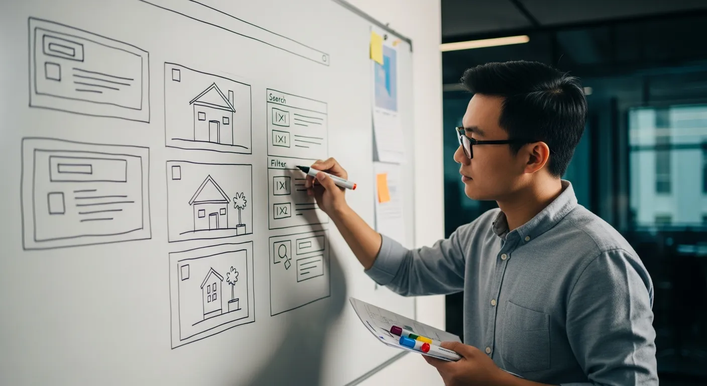 Chuyên gia thiết kế website đang phác thảo các yếu tố ảnh hưởng đến chi phí làm web bất động sản