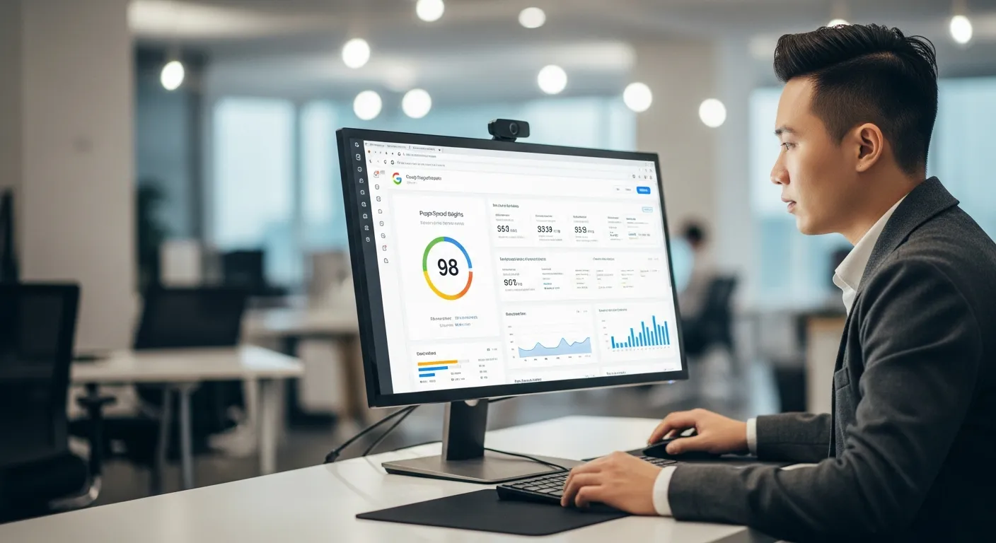 Chuyên gia SEO đang sử dụng công cụ PageSpeed Insights để phân tích và cải thiện tốc độ website một cách chuyên nghiệp.
