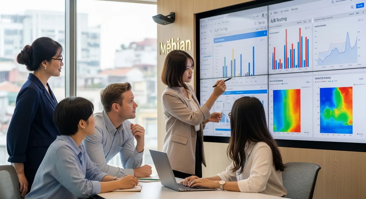 Dịch vụ tối ưu tỷ lệ chuyển đổi với đội ngũ chuyên gia CRO đang thực hiện A/B testing và phân tích dữ liệu