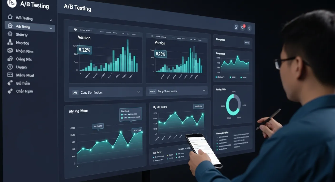 Bảng điều khiển A/B testing cho thấy hai phiên bản của landing page với tỷ lệ chuyển đổi khác nhau
