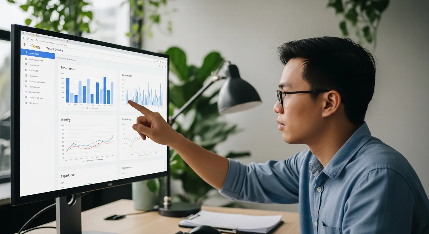 Chuyên gia SEO phân tích giao diện Google Search Console với các báo cáo hiệu suất, chỉ mục