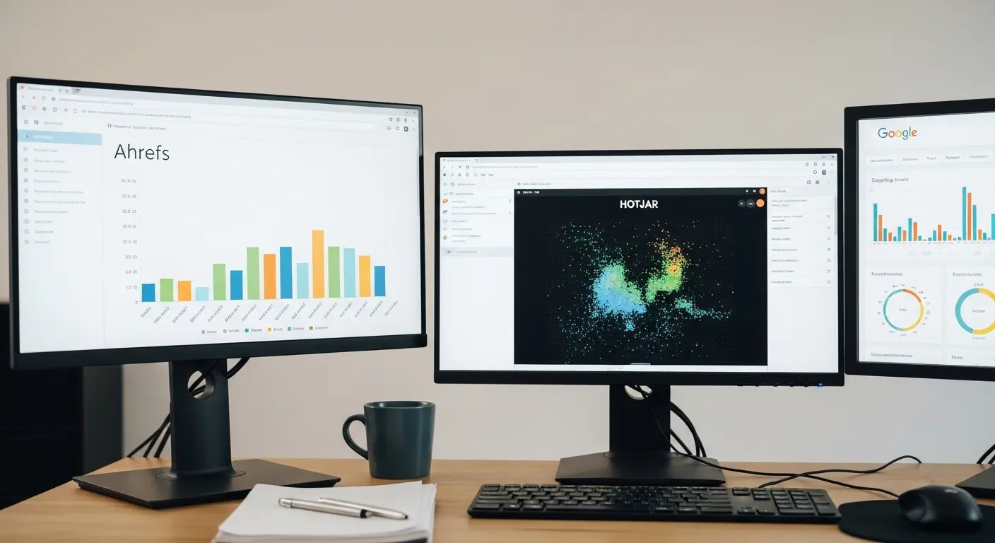 Không gian làm việc của chuyên gia digital marketing với các phần mềm Ahrefs, Hotjar, Google Analytics trên màn hình