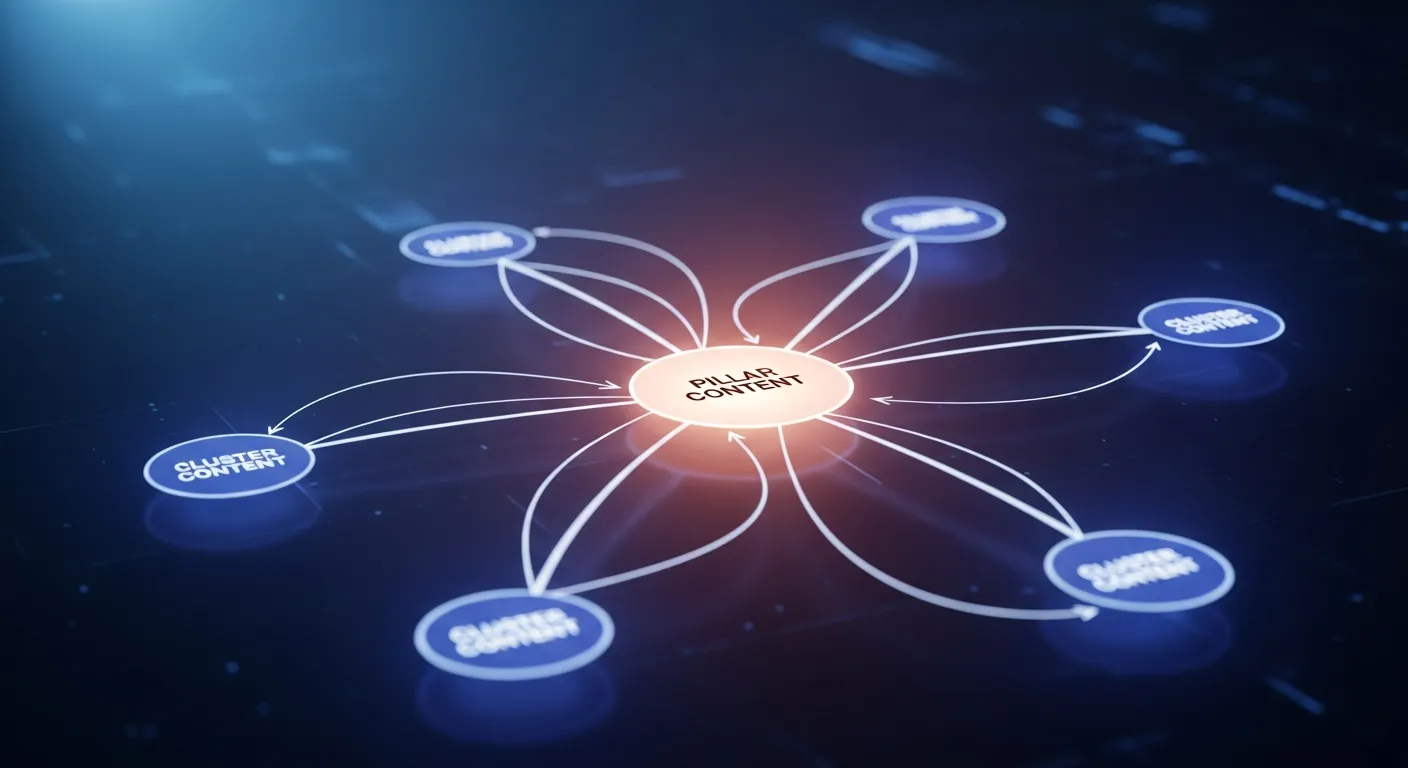 Sơ đồ mô phỏng chiến lược liên kết nội bộ theo mô hình Topic Cluster trong SEO On-page