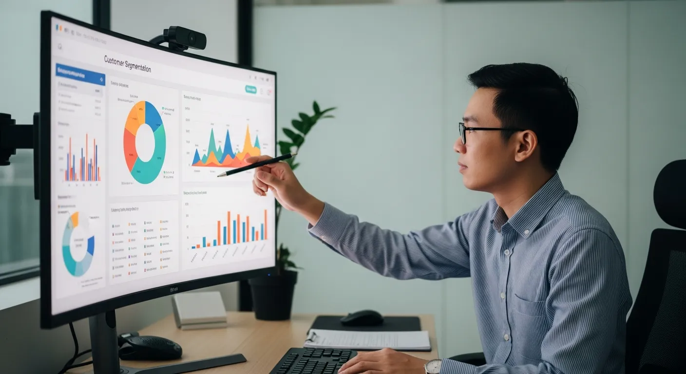 Chuyên gia marketing phân tích biểu đồ phân khúc khách hàng trên màn hình lớn để tối ưu chiến dịch email marketing
