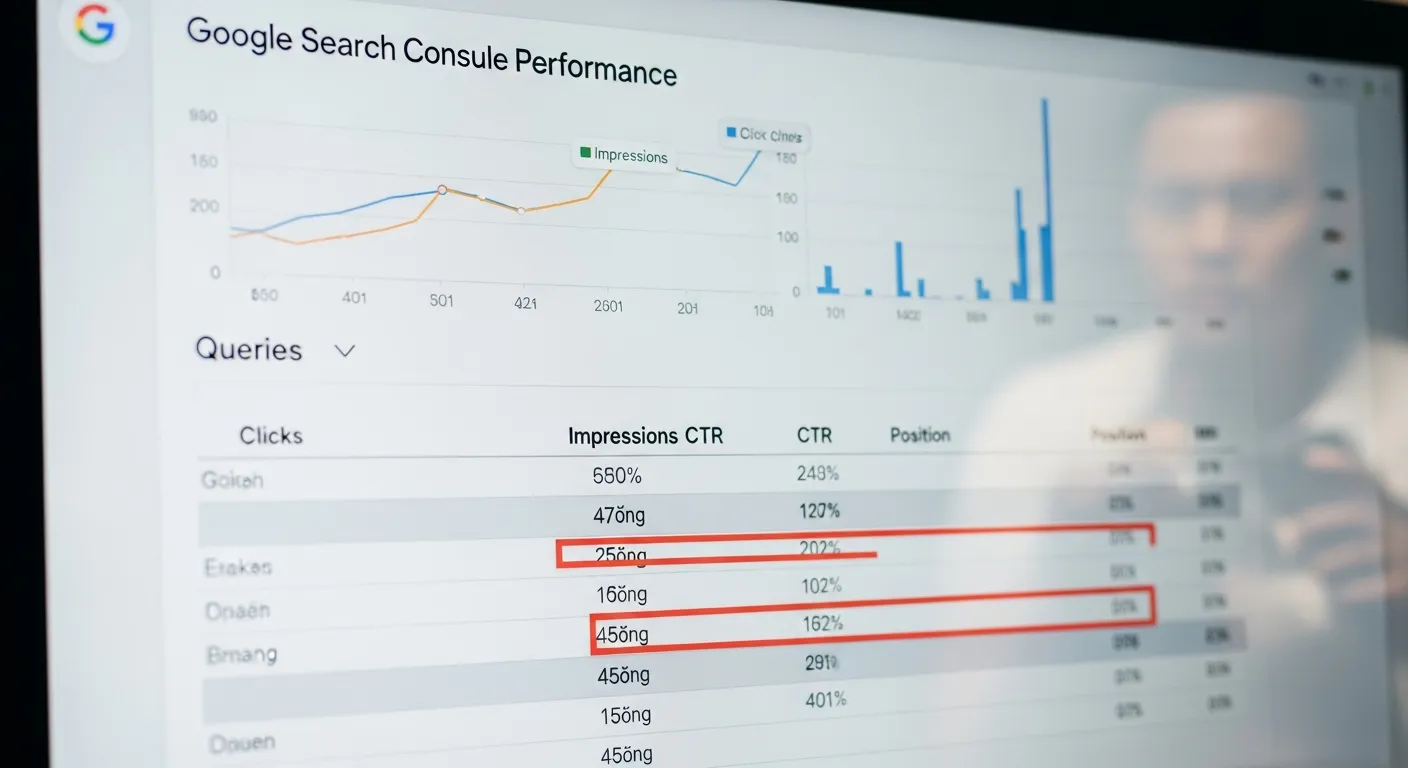 Báo cáo hiệu suất trong Google Search Console hiển thị các truy vấn, lượt nhấp, và CTR