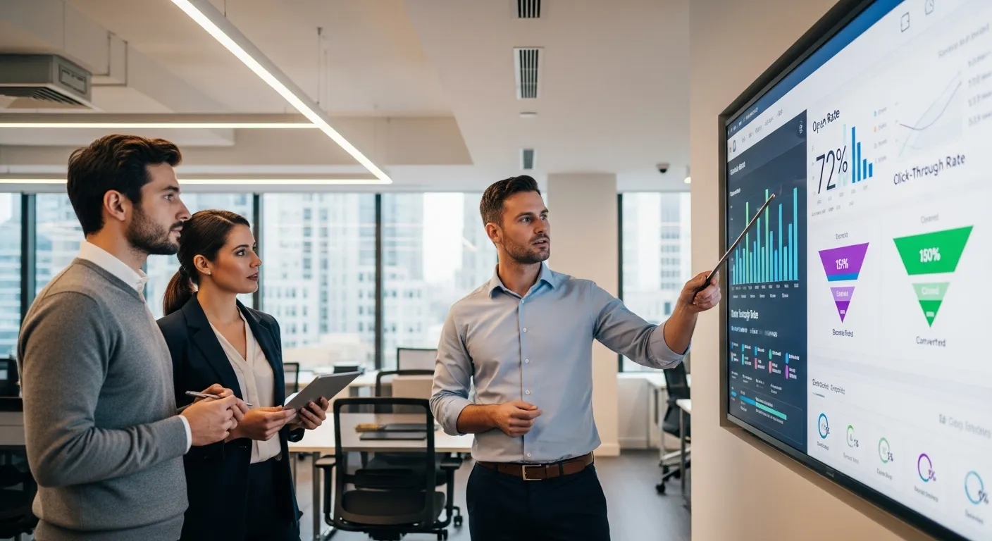 Đội ngũ marketing đang phân tích các chỉ số hiệu quả của chiến dịch email marketing trên màn hình lớn để đưa ra quyết định tối ưu
