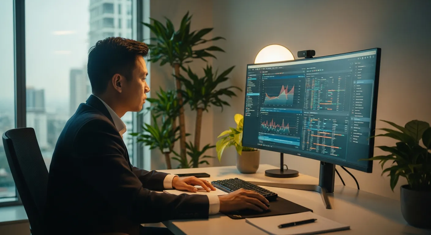 Chuyên gia SEO đang phân tích hồ sơ backlink trên màn hình lớn với các biểu đồ dữ liệu chi tiết