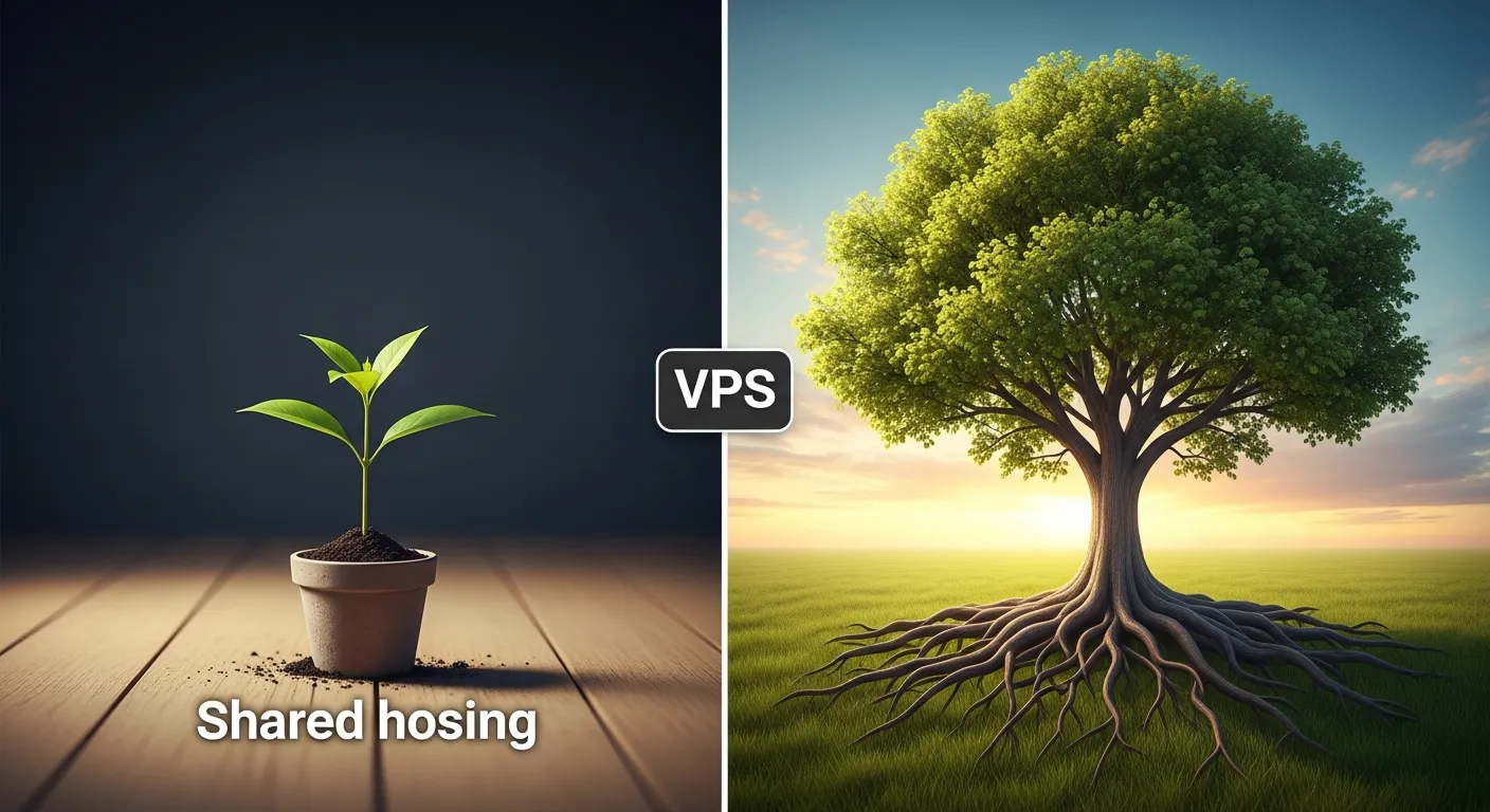 Hình ảnh thể hiện sự nâng cấp từ shared hosting cho website nhỏ sang hosting mạnh hơn cho website lớn