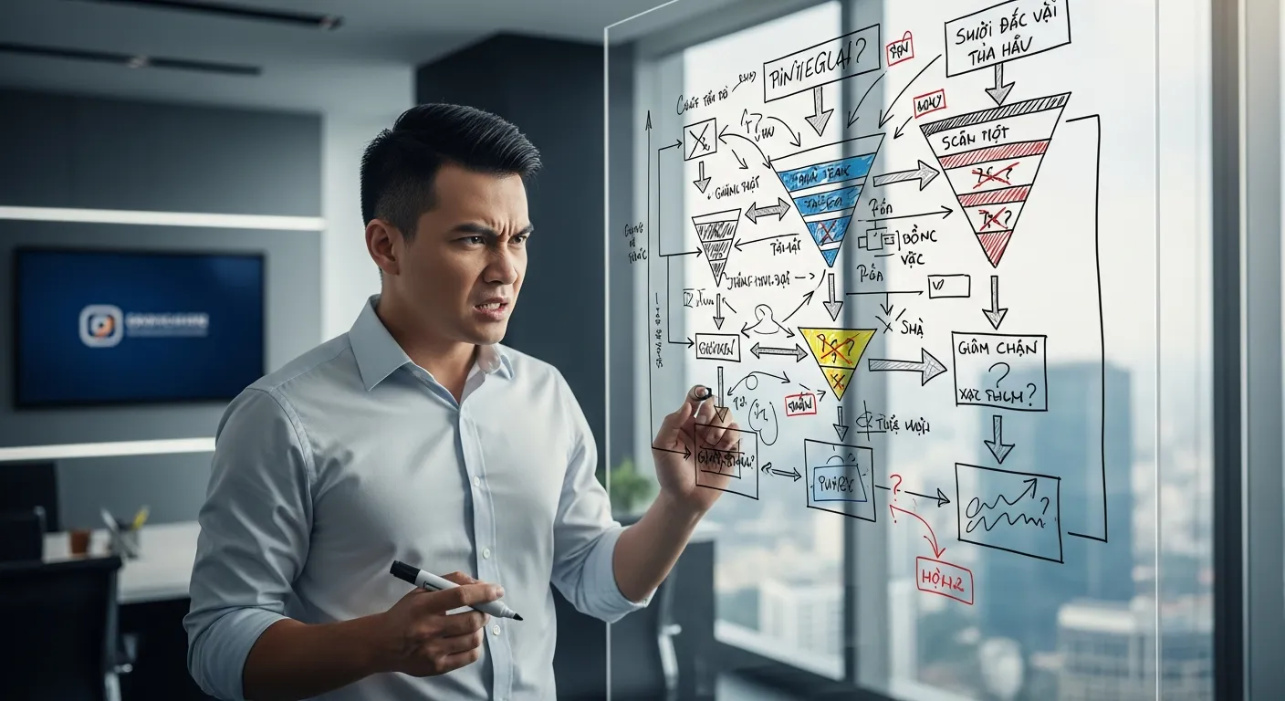 doanh nhân thất vọng nhìn vào sơ đồ phễu bán hàng thất bại trên bảng trắng