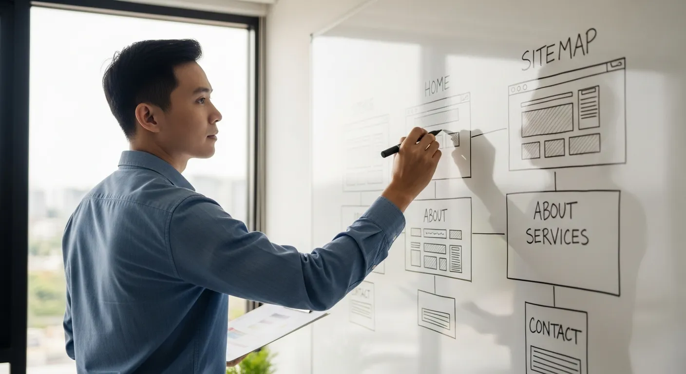 Chuyên gia thiết kế sơ đồ cấu trúc website WordPress với các trang quan trọng như giới thiệu, dịch vụ