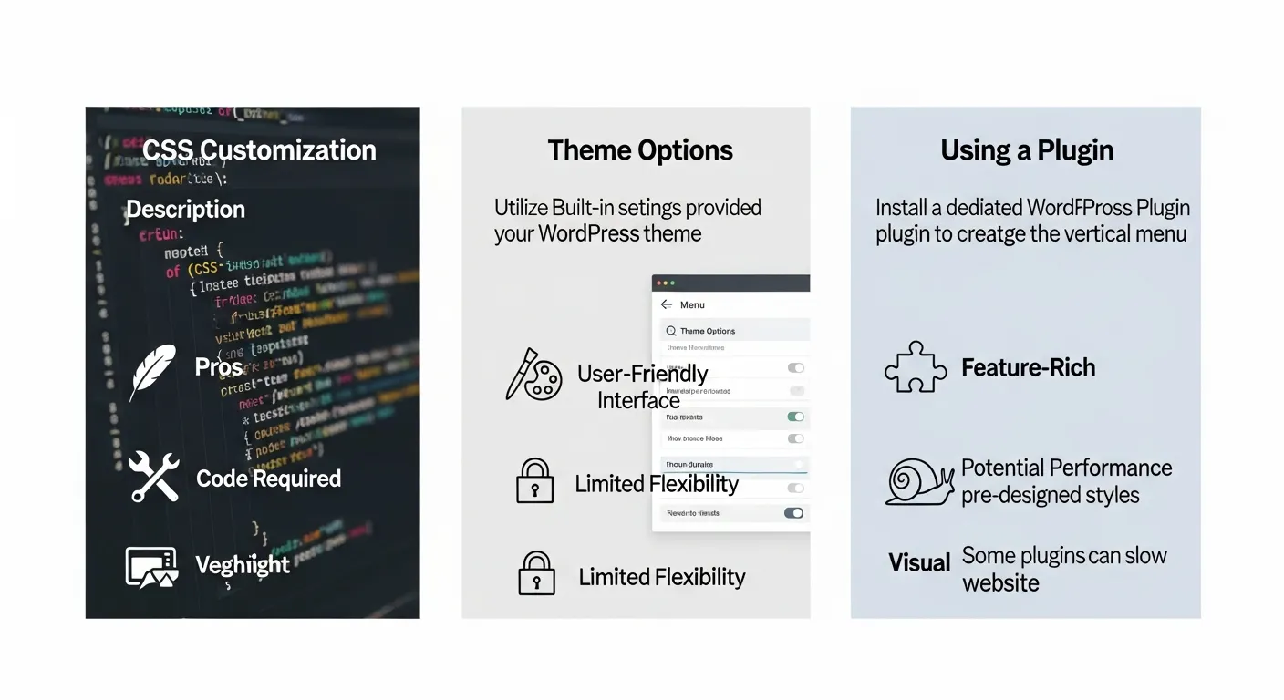 Bảng so sánh chi tiết các phương pháp về cách tạo menu dọc trong WordPress, bao gồm dùng CSS, theme và plugin