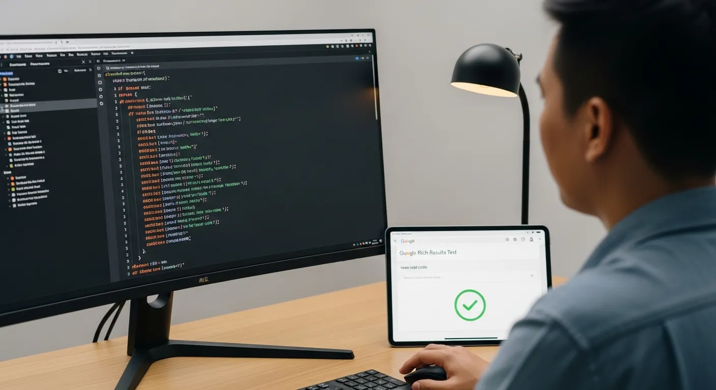 Màn hình hiển thị đoạn code JSON-LD và kết quả xác thực schema markup thành công trên công cụ của Google.