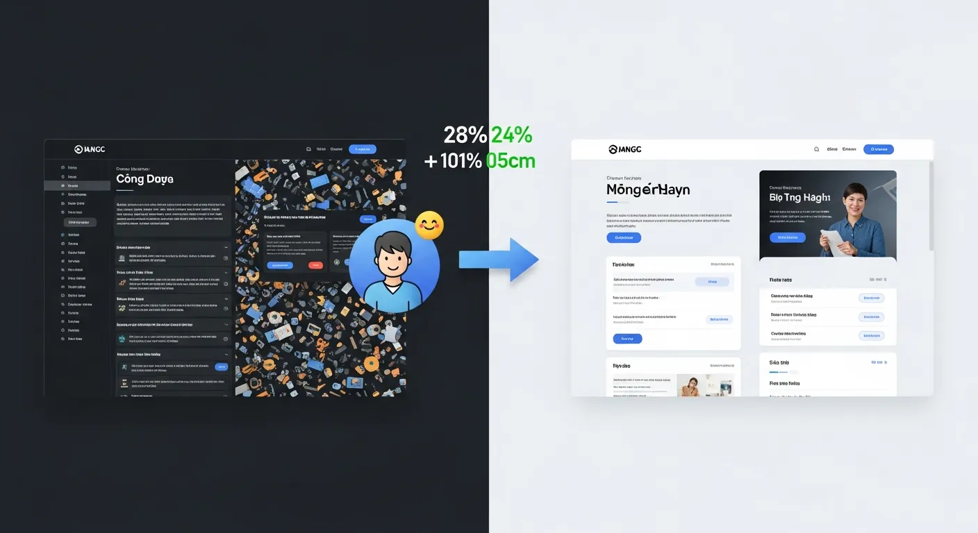 so sánh website trước và sau khi áp dụng các nguyên tắc thiết kế UI UX cơ bản với tỷ lệ chuyển đổi tăng vọt