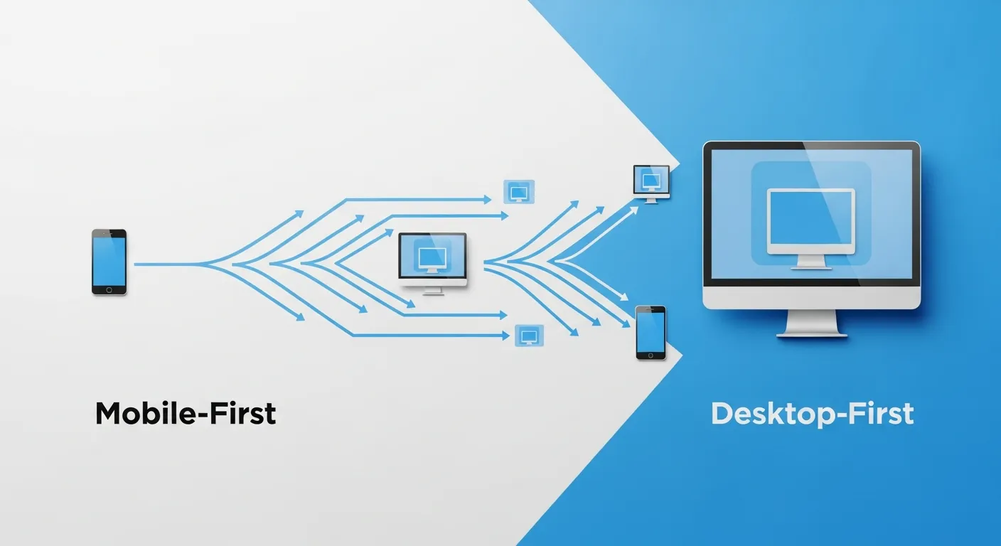 So sánh hai luồng thiết kế website responsive là Mobile-First (ưu tiên di động) và Desktop-First (ưu tiên máy tính)