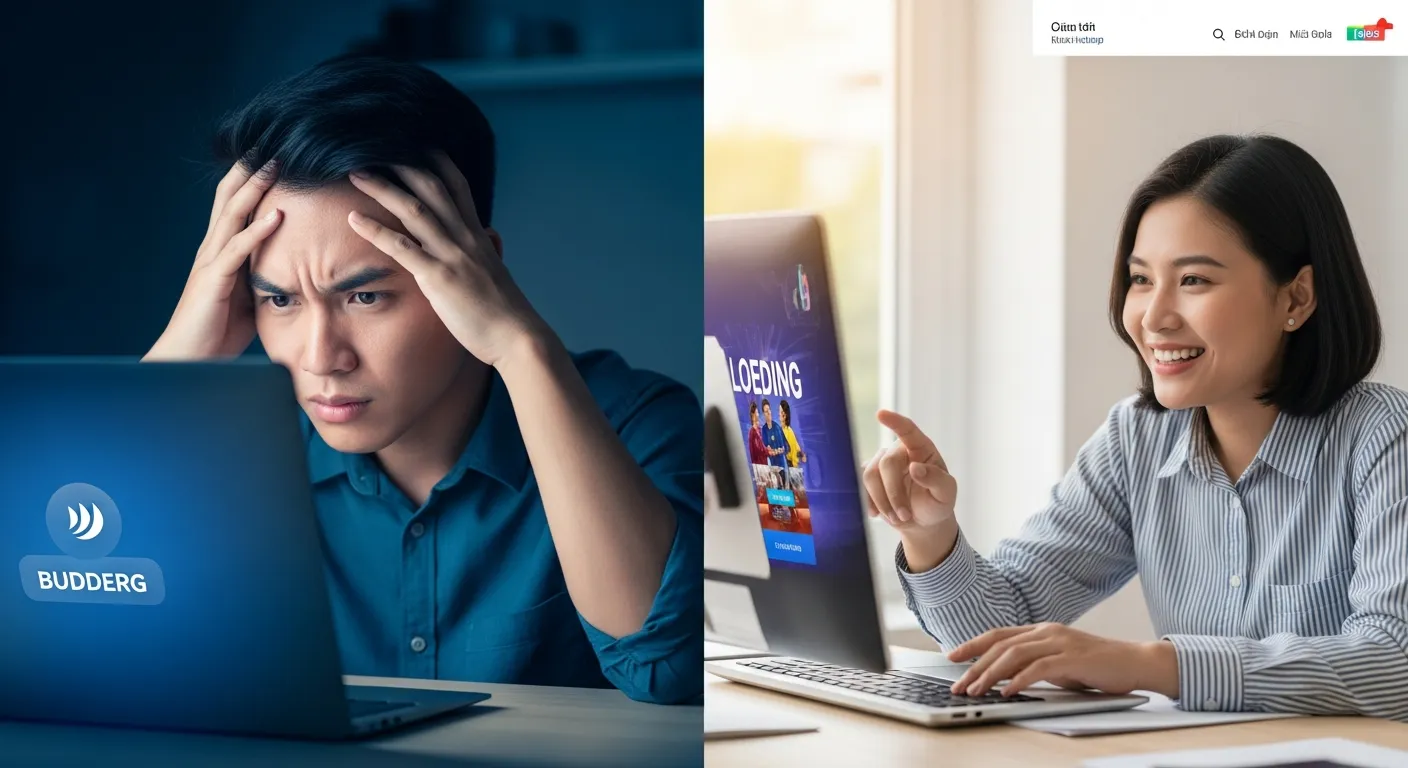 Hình ảnh so sánh trải nghiệm người dùng giữa một website tải chậm gây khó chịu và một website tải nhanh mang lại sự hài lòng.