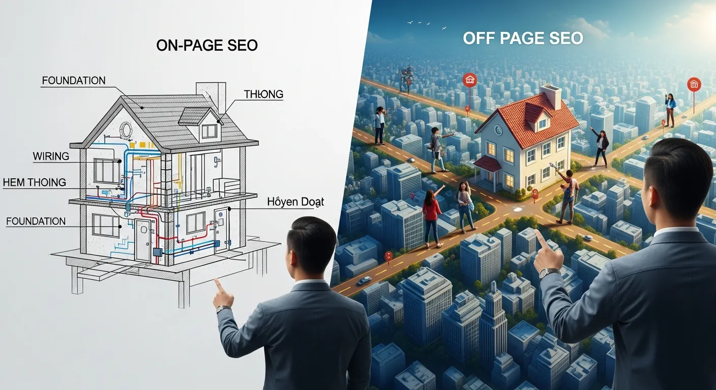 Hình ảnh so sánh SEO Onpage là bản thiết kế website và SEO Offpage là các con đường dẫn đến website đó