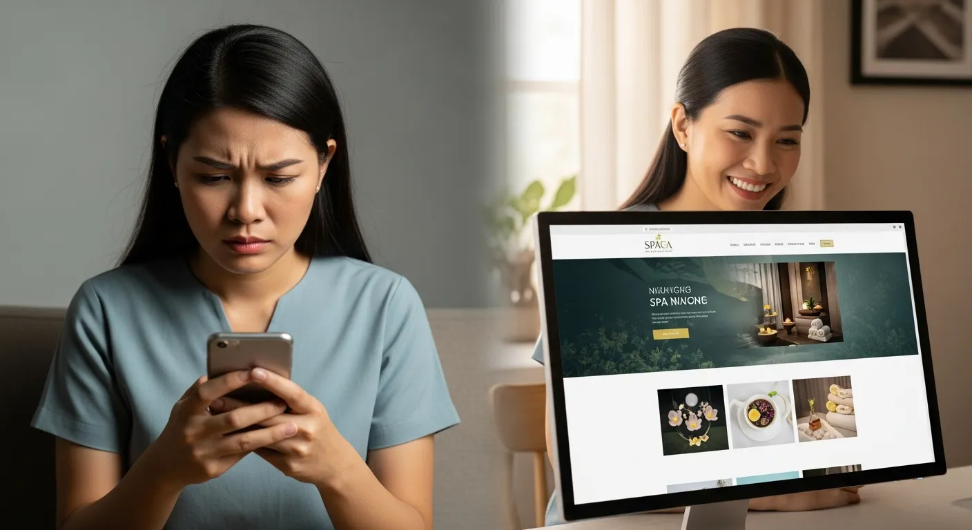 Hình ảnh so sánh sự khác biệt giữa một website spa chuyên nghiệp và một website thiếu chuyên nghiệp