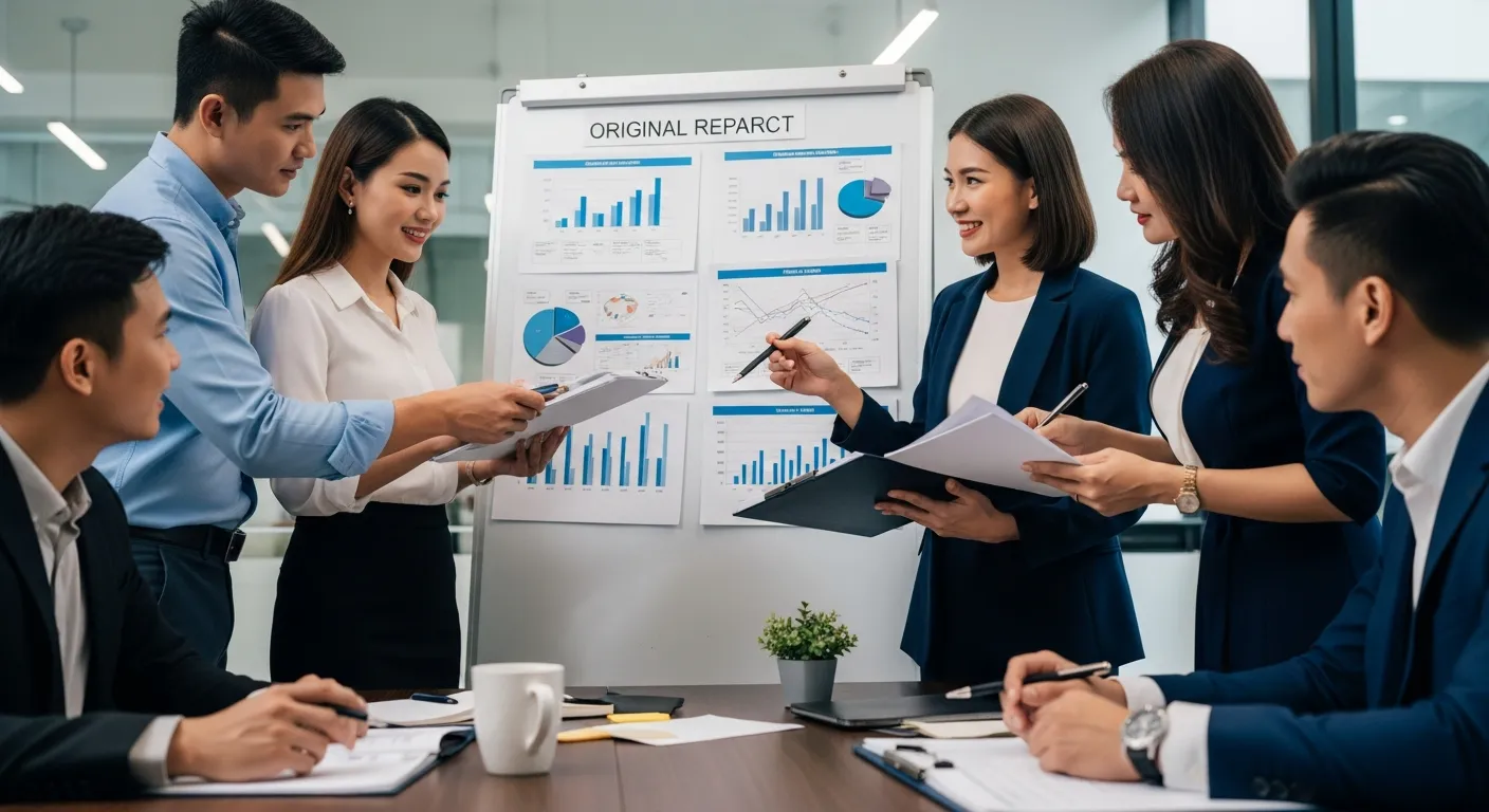 Đội ngũ marketing đang thảo luận về báo cáo nghiên cứu độc quyền để xây dựng backlink chất lượng