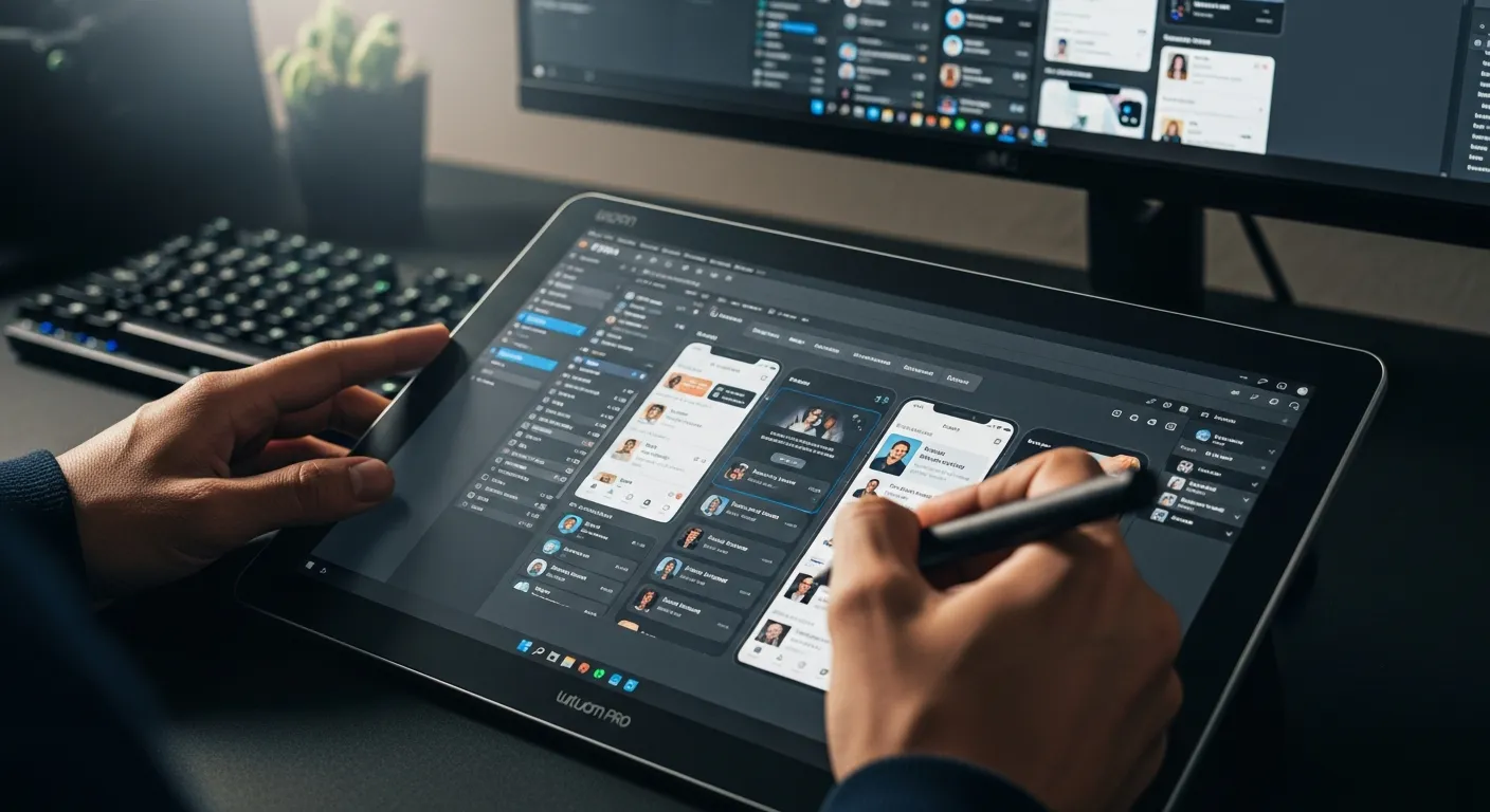 chuyên gia thiết kế UI/UX đang sử dụng Figma để tạo ra giao diện ứng dụng di động hiện đại và trực quan