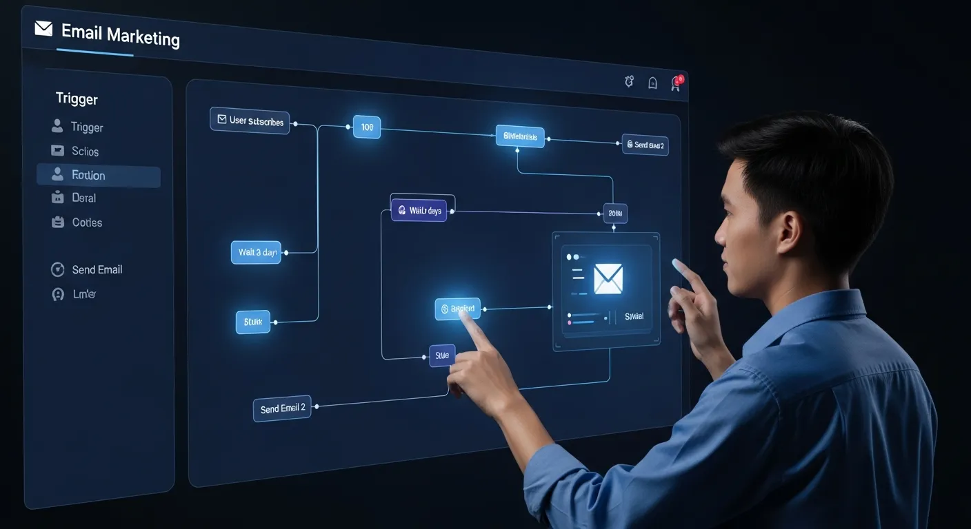 Giao diện thiết lập chuỗi email marketing tự động hóa với các điều kiện và hành động được biểu diễn bằng các khối phát sáng