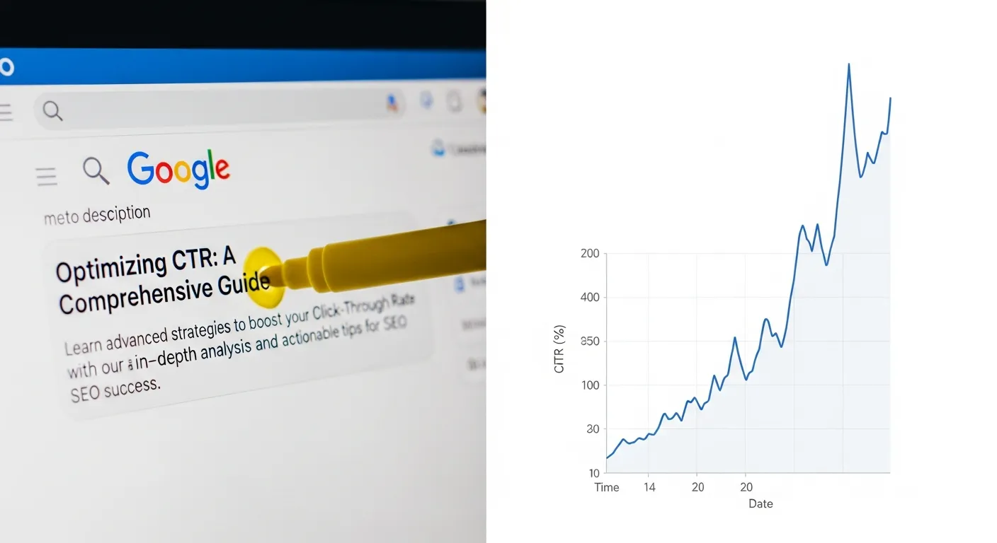 Giao diện kết quả tìm kiếm Google với tiêu đề và mô tả được tối ưu và biểu đồ CTR tăng trưởng