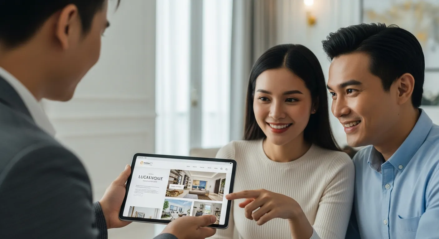 Chuyên viên môi giới sử dụng mẫu website bất động sản đẹp để tư vấn cho khách hàng